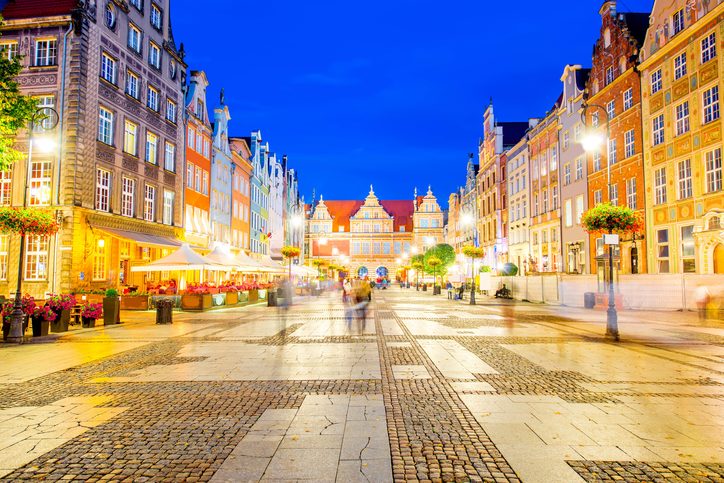 Pohled na hlavní ulici starého města Gdaňsk, Polsko