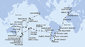 Francie, Španělsko, Velká Británie, Maroko, Kapverdy, Brazílie, Argentina, Zámořské území Velké Británie, Chile, Francouzská Polynésie, Cookovy ostrovy, Nový Zéland, Austrálie, Nová Kaledonie, Vanuatu, Samoa, Americká Samoa, USA z Marseille na lodi MSC Magnifica