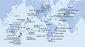 Itálie, Francie, Španělsko, Velká Británie, Maroko, Kapverdy, Brazílie, Argentina, Zámořské území Velké Británie, Chile, Francouzská Polynésie, Cookovy ostrovy, Nový Zéland, Austrálie, Nová Kaledonie, Vanuatu, Samoa, Americká Samoa, USA, Mexiko, Kostarika, , Panama, Dominikánská republika, Britské Panenské ostrovy, Svatý Martin z Civitavecchia na lodi MSC Magnifica