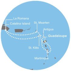 Francie, Nizozemsko, Dominikánská republika, Svatý Kryštof a Nevis, Antigua a Barbuda z Pointe-à-Pitre, Guadeloupe na lodi Costa Pacifica
