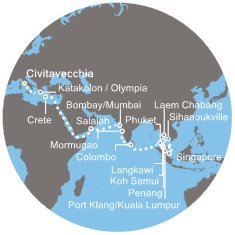 Itálie, Řecko, Omán, Indie, Srí Lanka, Thajsko, Malajsie, Singapur, Kambodža z Civitavecchia na lodi Costa Fortuna