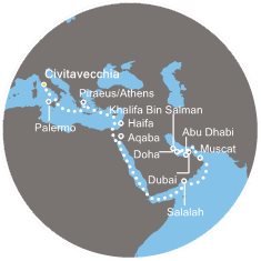 Itálie, Řecko, Izrael, Jordánsko, Omán, Bahrajn, Katar, Spojené arabské emiráty z Civitavecchia na lodi Costa Diadema