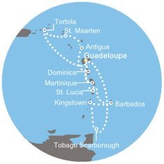 Guadeloupe, Trinidad a Tobago, Svatý Vincenc a Grenadiny, Barbados, Svatá Lucie, Martinik, Britské Panenské ostrovy, Svatý Martin, Antigua a Barbuda, Dominika z Pointe-à-Pitre, Guadeloupe na lodi Costa Favolosa