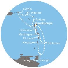 Guadeloupe, Trinidad a Tobago, Svatý Vincenc a Grenadiny, Barbados, Svatá Lucie, Martinik, Britské Panenské ostrovy, Svatý Martin, Antigua a Barbuda, Dominika z Pointe-à-Pitre, Guadeloupe na lodi Costa Favolosa