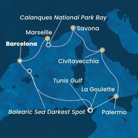 Španělsko, Tunisko, Itálie, Francie z Barcelony na lodi Costa Smeralda