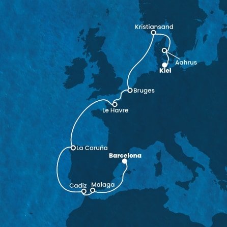 Španělsko, Francie, Belgie, Norsko, Dánsko, Německo z Barcelony na lodi Costa Diadema