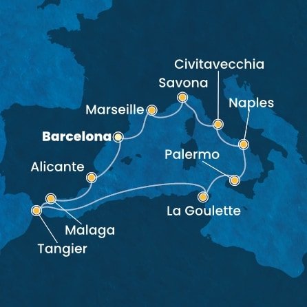 Španělsko, Maroko, Tunisko, Itálie, Francie z Barcelony na lodi Costa Toscana