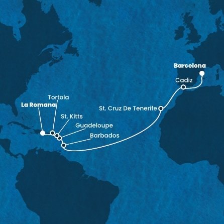 Španělsko, Barbados, Guadeloupe, Svatý Kryštof a Nevis, Britské Panenské ostrovy, Dominikánská republika z Barcelony na lodi Costa Fascinosa