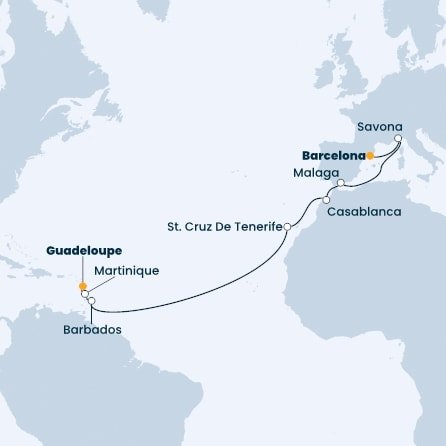 Španělsko, Itálie, Maroko, Barbados, Martinik, Guadeloupe z Barcelony na lodi Costa Fascinosa