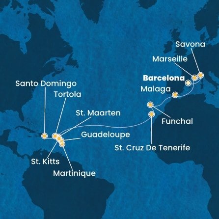 Španělsko, Itálie, Francie, Portugalsko, Svatý Martin, Martinik, Guadeloupe, Svatý Kryštof a Nevis, Britské Panenské ostrovy, Dominikánská republika z Barcelony na lodi Costa Fascinosa