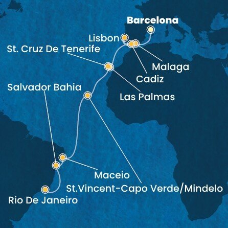 Španělsko, Portugalsko, Kapverdy, Brazílie z Barcelony na lodi Costa Diadema