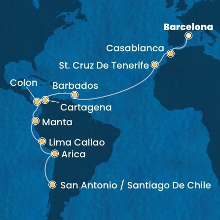 Španělsko, Maroko, Barbados, Kolumbie, Panama, Ekvádor, Peru, Chile z Barcelony na lodi Costa Deliziosa