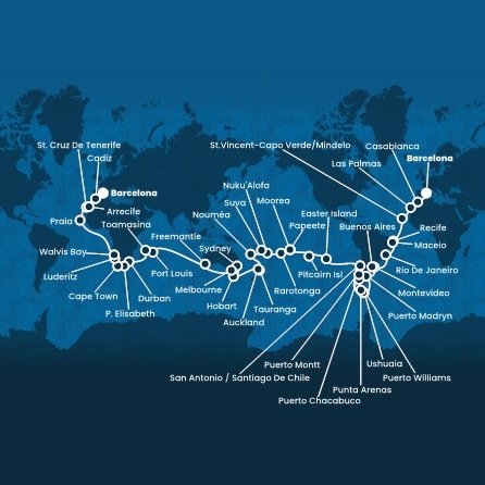 Španělsko, Maroko, Kapverdy, Brazílie, Uruguay, Argentina, Chile, Zámořské území Velké Británie, Francouzská Polynésie, Cookovy ostrovy, Tonga, Fidži, Nová Kaledonie, Nový Zéland, Austrálie, Mauricius, Madagaskar, Jihoafrická republika, Namibie z Barcelony na lodi Costa Deliziosa