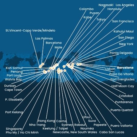 Španělsko, Portugalsko, USA, Bahamy, Panama, Kostarika, Guatemala, Mexiko, Francouzská Polynésie, Fidži, Nová Kaledonie, Austrálie, Papua Nová Guinea, Japonsko, Jižní Korea, Tchaj-wan, Čína, Vietnam, Thajsko, Singapur, Malajsie, Srí Lanka, Maledivy, Mauricius, Jihoafrická republika, Namibie, Kapverdy z Barcelony na lodi Costa Deliziosa