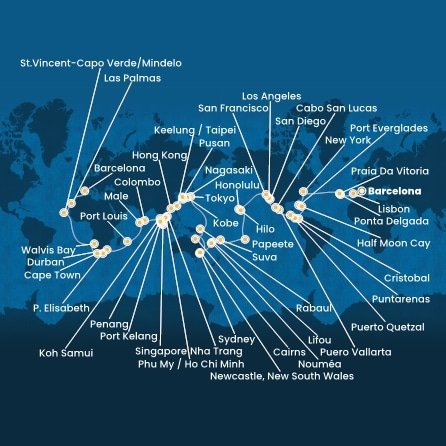 Španělsko, Portugalsko, USA, Bahamy, Panama, Kostarika, Guatemala, Mexiko, Francouzská Polynésie, Fidži, Nová Kaledonie, Austrálie, Papua Nová Guinea, Japonsko, Jižní Korea, Tchaj-wan, Čína, Vietnam, Thajsko, Singapur, Malajsie, Srí Lanka, Maledivy, Mauricius, Jihoafrická republika, Namibie, Kapverdy z Barcelony na lodi Costa Deliziosa