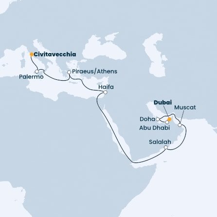 Itálie, Řecko, Izrael, Omán, Katar, Spojené arabské emiráty z Civitavecchia na lodi Costa Toscana