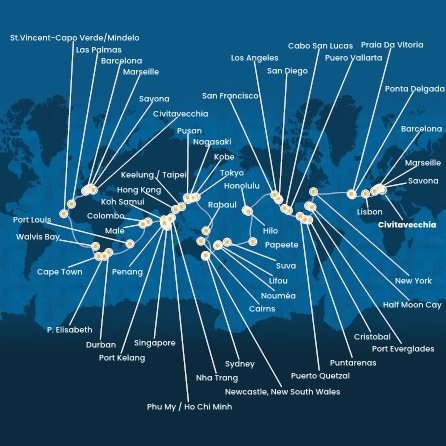 Itálie, Francie, Španělsko, Portugalsko, USA, Bahamy, Panama, Kostarika, Guatemala, Mexiko, Francouzská Polynésie, Fidži, Nová Kaledonie, Austrálie, Papua Nová Guinea, Japonsko, Jižní Korea, Tchaj-wan, Čína, Vietnam, Thajsko, Singapur, Malajsie, Srí Lanka, Maledivy, Mauricius, Jihoafrická republika, Namibie, Kapverdy z Civitavecchia na lodi Costa Deliziosa
