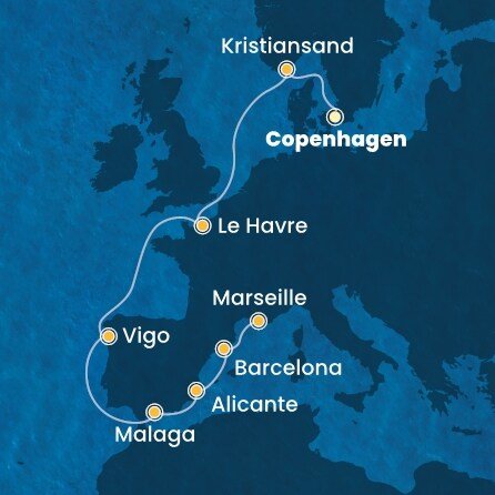 Dánsko, Norsko, Francie, Španělsko z Kodaně na lodi Costa Diadema