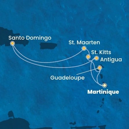 Martinik, Guadeloupe, Svatý Kryštof a Nevis, Svatý Martin, Dominikánská republika, Antigua a Barbuda z Fort-de-France, Martinik na lodi Costa Favolosa