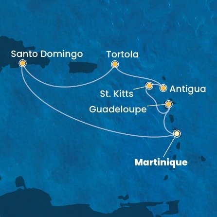 Martinik, Guadeloupe, Svatý Kryštof a Nevis, Antigua a Barbuda, Britské Panenské ostrovy, Dominikánská republika z Fort-de-France, Martinik na lodi Costa Favolosa