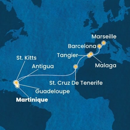 Martinik, Guadeloupe, Svatý Kryštof a Nevis, Antigua a Barbuda, Španělsko, Maroko, Francie z Fort-de-France, Martinik na lodi Costa Favolosa