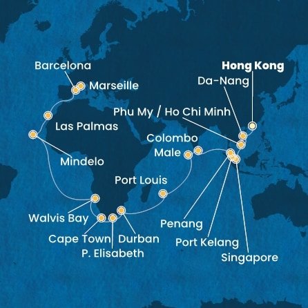 Čína, Vietnam, Singapur, Malajsie, Srí Lanka, Maledivy, Mauricius, Jihoafrická republika, Namibie, Kapverdy, Španělsko, Francie z Hong Kongu na lodi Costa Deliziosa