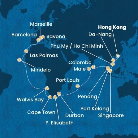 Čína, Vietnam, Singapur, Malajsie, Srí Lanka, Maledivy, Mauricius, Jihoafrická republika, Namibie, Kapverdy, Španělsko, Francie, Itálie z Hong Kongu na lodi Costa Deliziosa