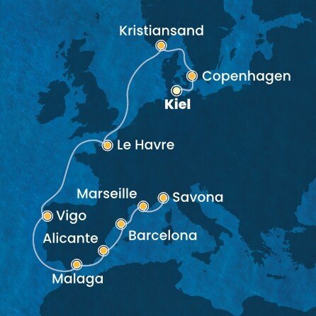Německo, Dánsko, Norsko, Francie, Španělsko, Itálie z Kielu na lodi Costa Diadema