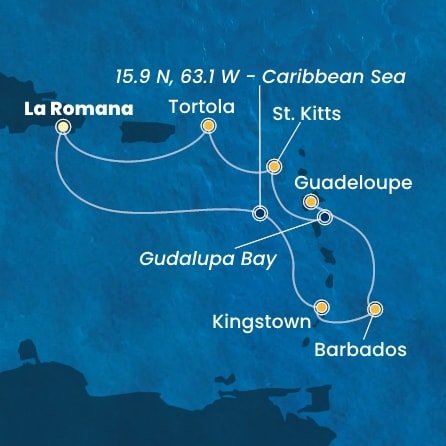 Dominikánská republika, Svatý Vincenc a Grenadiny, Barbados, Guadeloupe, Zámořský departement Francie, Svatý Kryštof a Nevis, Britské Panenské ostrovy z La Romany na lodi Costa Pacifica