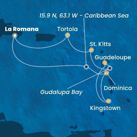 Dominikánská republika, Dominika, Svatý Vincenc a Grenadiny, Guadeloupe, Zámořský departement Francie, Svatý Kryštof a Nevis, Britské Panenské ostrovy z La Romany na lodi Costa Pacifica