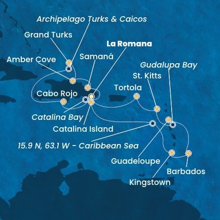 Dominikánská republika, Svatý Vincenc a Grenadiny, Barbados, Guadeloupe, Zámořský departement Francie, Svatý Kryštof a Nevis, Britské Panenské ostrovy, Zámořské území Velké Británie z La Romany na lodi Costa Pacifica