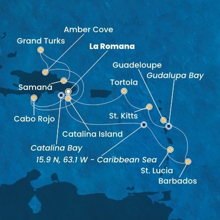 Dominikánská republika, Zámořské území Velké Británie, Svatá Lucie, Barbados, Guadeloupe, Zámořský departement Francie, Svatý Kryštof a Nevis, Britské Panenské ostrovy z La Romany na lodi Costa Pacifica