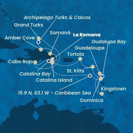 Dominikánská republika, Dominika, Svatý Vincenc a Grenadiny, Guadeloupe, Zámořský departement Francie, Svatý Kryštof a Nevis, Britské Panenské ostrovy, Zámořské území Velké Británie z La Romany na lodi Costa Pacifica