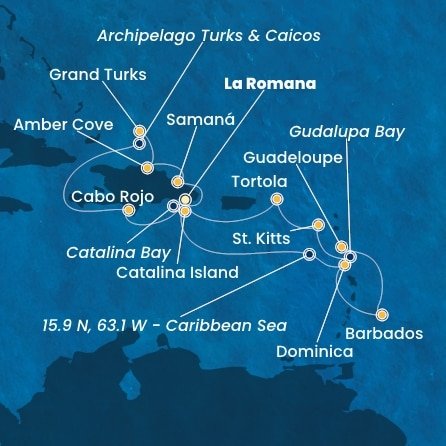 Dominikánská republika, Zámořské území Velké Británie, Dominika, Barbados, Guadeloupe, Zámořský departement Francie, Svatý Kryštof a Nevis, Britské Panenské ostrovy z La Romany na lodi Costa Pacifica