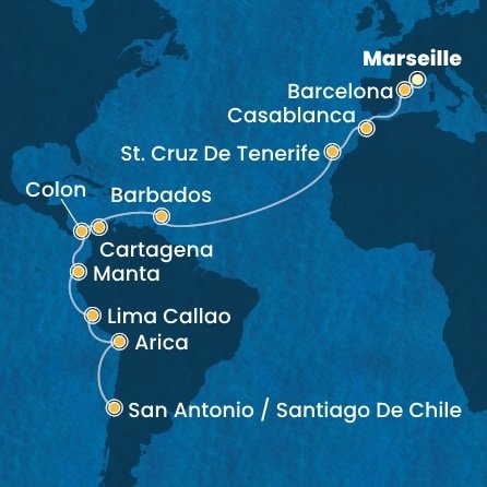 Francie, Španělsko, Maroko, Barbados, Kolumbie, Panama, Ekvádor, Peru, Chile z Marseille na lodi Costa Deliziosa