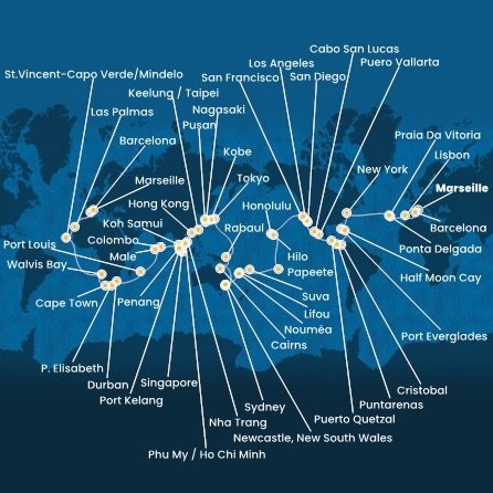 Francie, Španělsko, Portugalsko, USA, Bahamy, Panama, Kostarika, Guatemala, Mexiko, Francouzská Polynésie, Fidži, Nová Kaledonie, Austrálie, Papua Nová Guinea, Japonsko, Jižní Korea, Tchaj-wan, Čína, Vietnam, Thajsko, Singapur, Malajsie, Srí Lanka, Maledivy, Mauricius, Jihoafrická republika, Namibie, Kapverdy z Marseille na lodi Costa Deliziosa