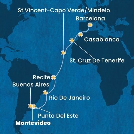 Uruguay, Argentina, Brazílie, Kapverdy, Španělsko, Maroko z Montevidea na lodi Costa Favolosa