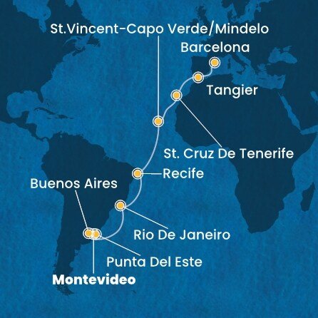 Uruguay, Argentina, Brazílie, Kapverdy, Španělsko, Maroko z Montevidea na lodi Costa Favolosa