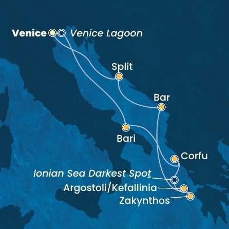 Itálie, Řecko, Kefalonie, Černá Hora, Chorvatsko z Marghery na lodi Costa Deliziosa