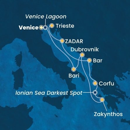 Itálie, Chorvatsko, Řecko, Černá Hora z Marghery na lodi Costa Deliziosa