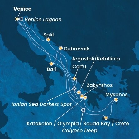 Itálie, Kréta, Řecko, Chorvatsko, Kefalonie z Marghery na lodi Costa Deliziosa