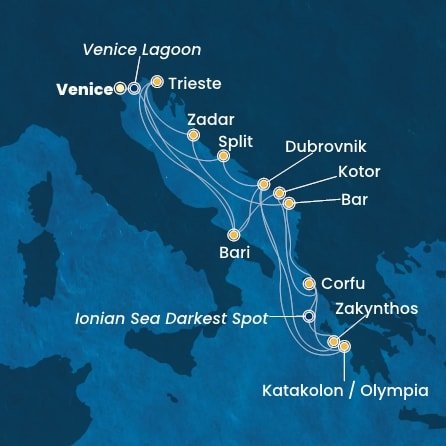 Itálie, Chorvatsko, Řecko, Černá Hora z Marghery na lodi Costa Deliziosa