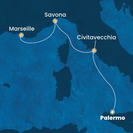 Sicílie, Itálie, Francie z Palerma na lodi Costa Toscana