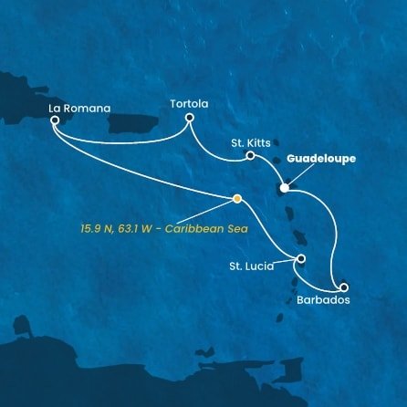 Guadeloupe, Svatý Kryštof a Nevis, Britské Panenské ostrovy, Dominikánská republika, , Svatá Lucie, Barbados z Pointe-à-Pitre, Guadeloupe na lodi Costa Fascinosa