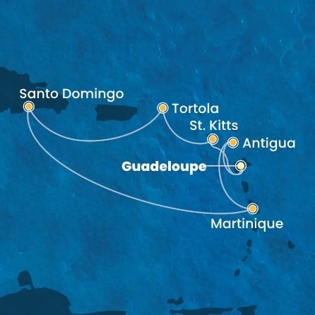 Guadeloupe, Svatý Kryštof a Nevis, Britské Panenské ostrovy, Dominikánská republika, Martinik, Antigua a Barbuda z Pointe-à-Pitre, Guadeloupe na lodi Costa Fascinosa