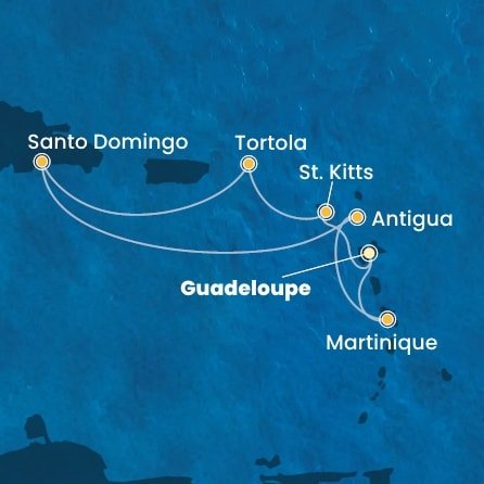 Guadeloupe, Svatý Kryštof a Nevis, Britské Panenské ostrovy, Dominikánská republika, Antigua a Barbuda, Martinik z Pointe-à-Pitre, Guadeloupe na lodi Costa Favolosa