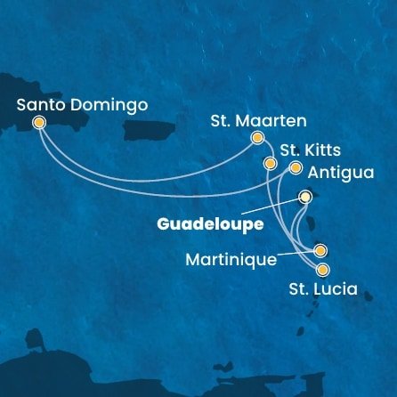 Guadeloupe, Svatá Lucie, Svatý Kryštof a Nevis, Svatý Martin, Dominikánská republika, Antigua a Barbuda, Martinik z Pointe-à-Pitre, Guadeloupe na lodi Costa Favolosa