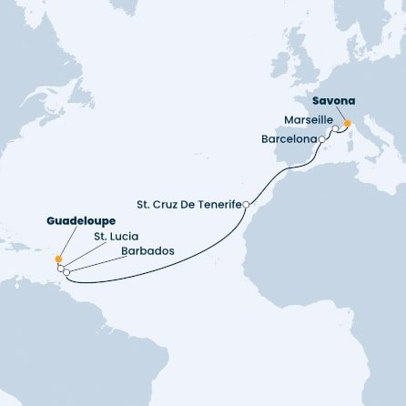 Guadeloupe, Svatá Lucie, Barbados, Španělsko, Francie, Itálie z Pointe-à-Pitre, Guadeloupe na lodi Costa Fascinosa