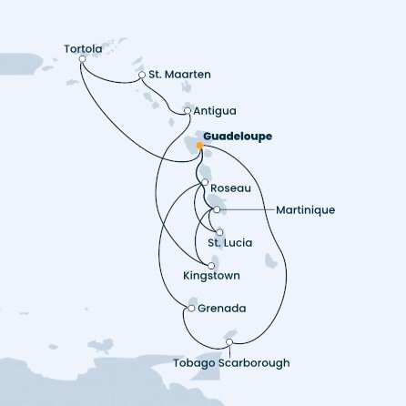 Guadeloupe, Trinidad a Tobago, Grenada, Dominika, Svatá Lucie, Martinik, Britské Panenské ostrovy, Svatý Martin, Antigua a Barbuda, Svatý Vincenc a Grenadiny z Pointe-à-Pitre, Guadeloupe na lodi Costa Fascinosa