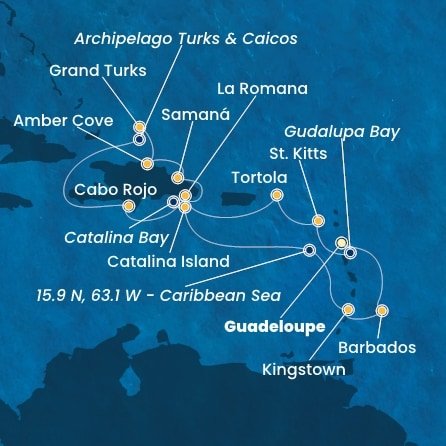 Guadeloupe, Zámořský departement Francie, Svatý Kryštof a Nevis, Britské Panenské ostrovy, Dominikánská republika, Zámořské území Velké Británie, Svatý Vincenc a Grenadiny, Barbados z Pointe-à-Pitre, Guadeloupe na lodi Costa Pacifica